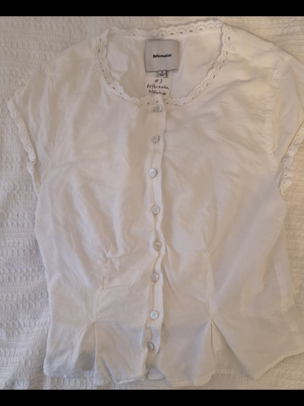 Reformation White Eyelet Trim Button-Down Top